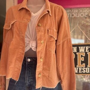 Distressed cropped corduroy shacket